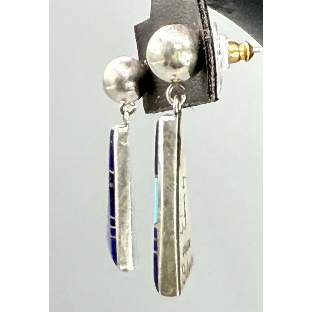 Navajo Calvin Begay Sterling Silver Lapis Turquoise Inlay Dangle Earrings Signed